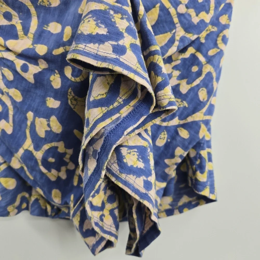 Free People Top On The Block Small Blue Cotton Batik Print Smocked Wide‎ Sleeve